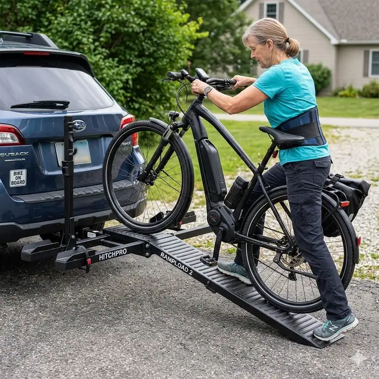 A person easily loading an electric bicycle onto a hitch bike rack with ramp for back injury protection.