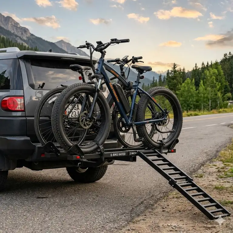 A heavy-duty ebike hitch rack with a ramp installed on a 2-inch receiver, featuring two electric bikes securely mounted for transport.