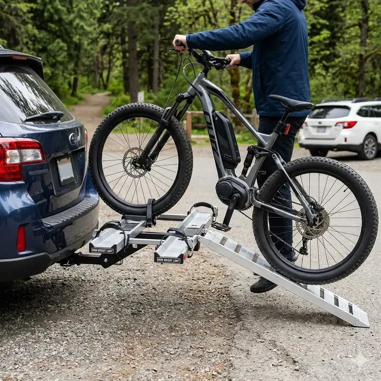 A close-up photograph of a heavy-duty electric bike being loaded onto an SUV using a specialized hitch bike rack with ramp high weight limit.