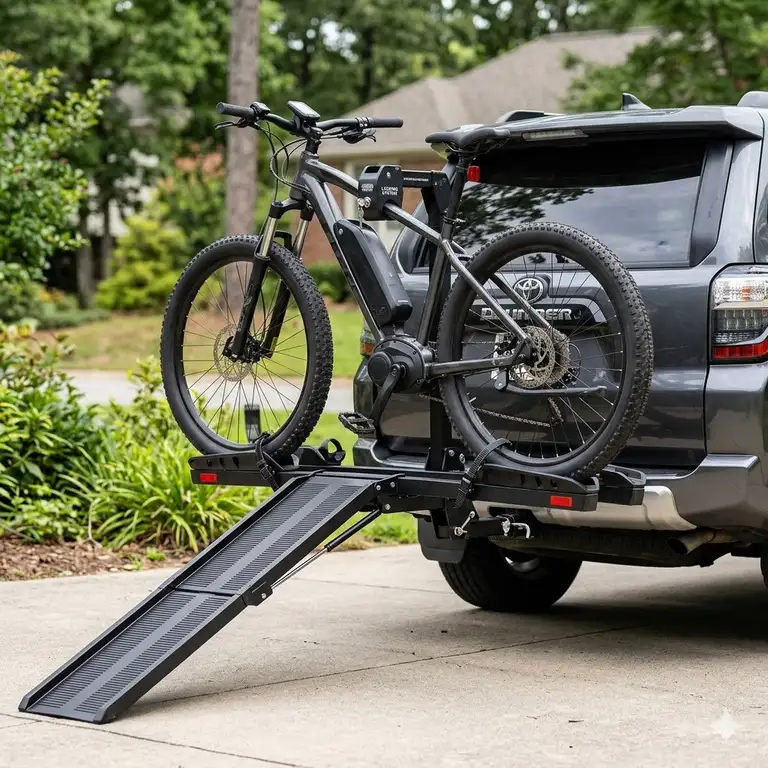 A featured image of a heavy-duty hitch bike rack with ramp locking system attached to an SUV, with an electric bike secured.