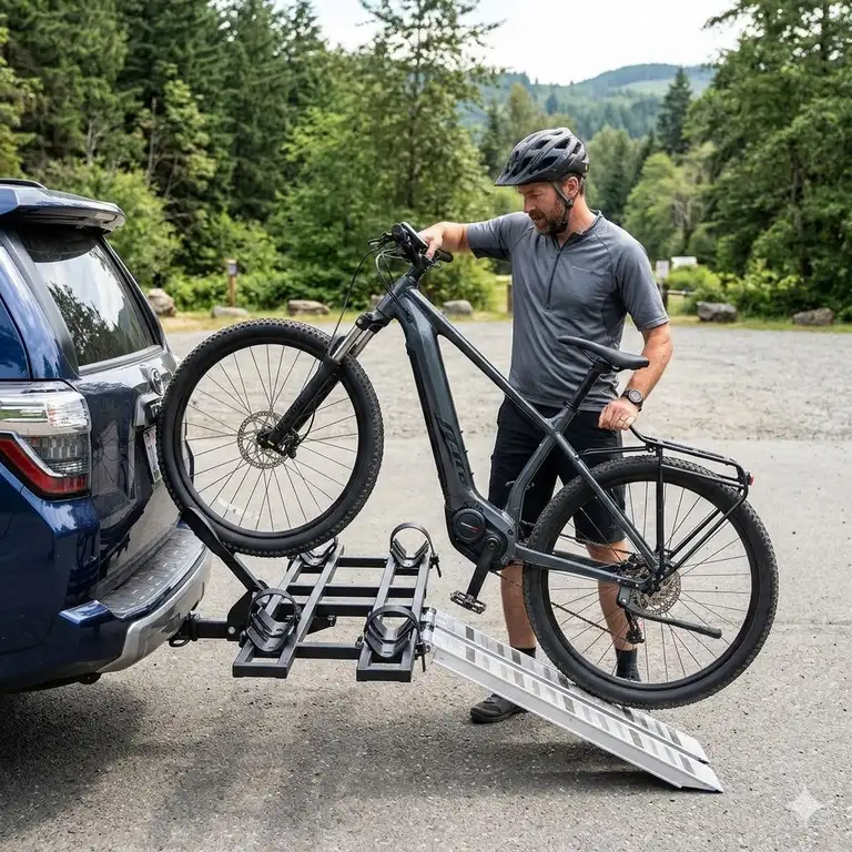 1: A person using a hitch bike rack with ramp easy loading to roll a heavy mountain bike onto the carrier.