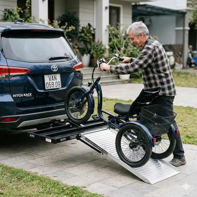 A person using a hitch bike rack with ramp for disabled users to easily load an electric bicycle.