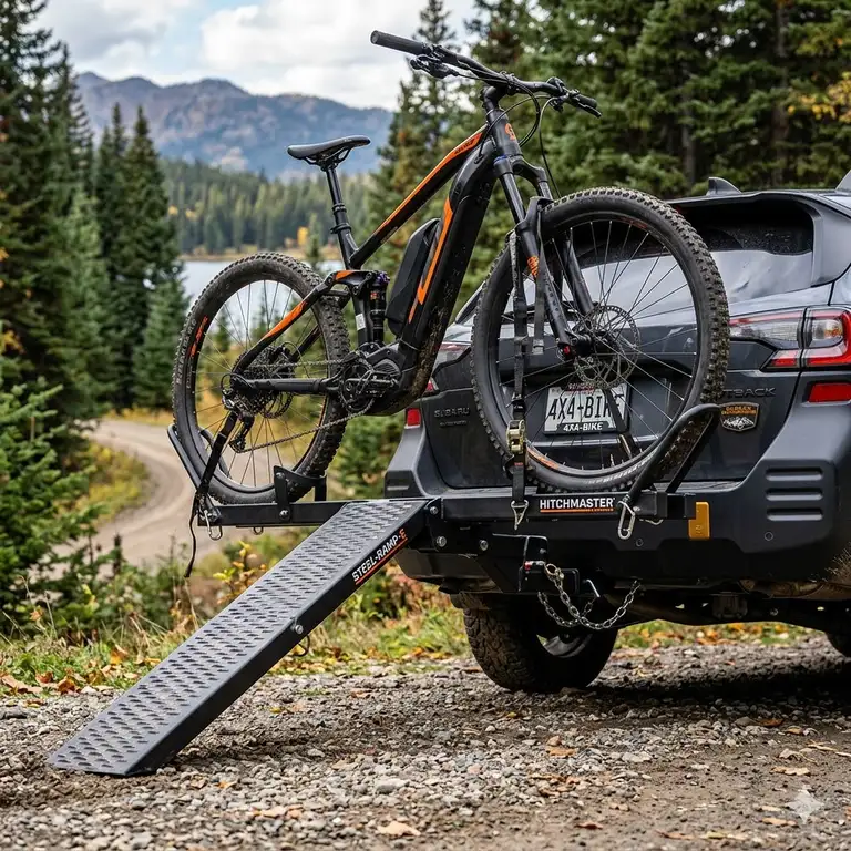 A premium hitch bike rack with ramp steel frame mounted on an SUV in a scenic outdoor setting.