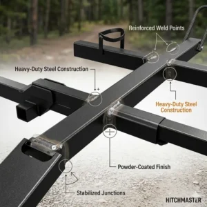Close-up of the heavy-duty welding on the hitch bike rack with ramp steel frame showing structural durability.