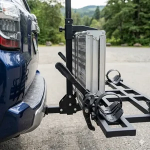 2: Close-up of a foldable mechanism on a hitch bike rack with ramp easy loading for convenient storage.