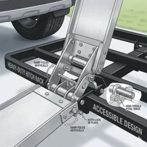 Close-up view of the folding mechanism on a hitch bike rack with ramp for disabled accessibility.