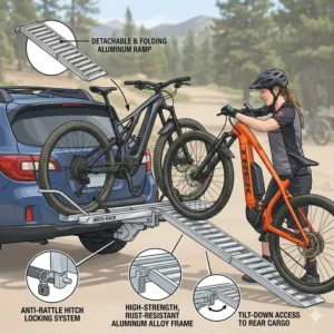 A person easily rolling a heavy e-bike up the included aluminum hitch bike rack with ramp.