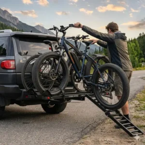 Illustration showing a person easily rolling a heavy e-bike up the integrated ramp onto a hitch-mounted rack.