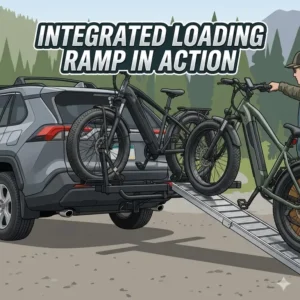 An illustration demonstrating the ease of use of the hitch bike rack with ramp 200 lbs capacity for loading heavy electric bicycles.