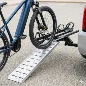 Close-up view of the integrated loading ramp on this hitch bike rack with ramp anti wobble for easy e-bike access.