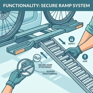 An adjustable loading ramp attached to a hitch bike rack with ramp anti theft for easy e-bike mounting.