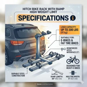 A detailed illustration showing the engineering specifications and structural reinforcement of the hitch bike rack with ramp high weight limit.