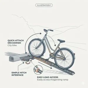 Diagram showing the effortless loading mechanism of a hitch bike rack with ramp for women.