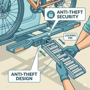 Close-up of a robust anti-theft locking pin and cable system on a hitch bike rack with ramp anti theft.