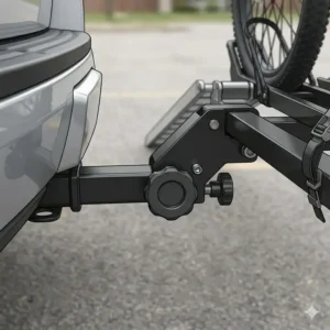 Detailed illustration of the tightening knob and mechanism for a hitch bike rack with ramp anti wobble connection.