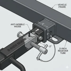 Close-up technical drawing of an ebike rack shank fitting securely into a standard 2-inch vehicle hitch receiver.