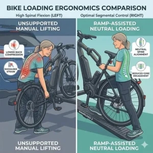 Comparative view of spinal posture when using a hitch bike rack with ramp for back injury vs manual lifting.