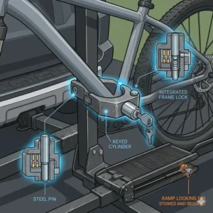 A detailed illustration of the integrated locking mechanism on the hitch bike rack with ramp locking system, securing a bike frame.