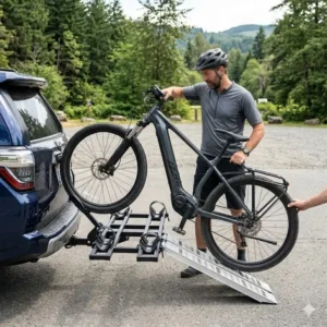 3: Demonstrating a hitch bike rack with ramp easy loading to transport a heavy electric bike effortlessly.