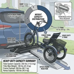 Weight capacity diagram for a heavy-duty hitch bike rack with ramp for disabled individuals.