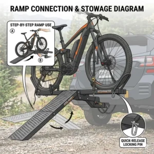 A technical diagram demonstrating how to attach the loading ramp to the hitch bike rack with ramp steel frame.
