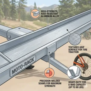 Close-up of the high-strength, rust-resistant frame of the aluminum hitch bike rack with ramp.