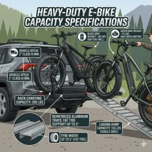 Technical diagram showing the weight distribution and specifications of a hitch bike rack with ramp 200 lbs capacity.