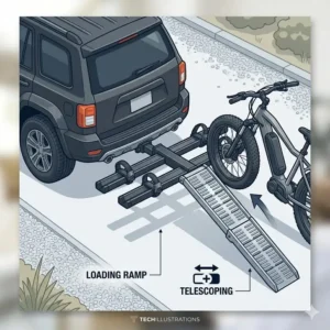 An isometric diagram focusing on the telescoping functionality of the integrated loading ramp on this hitch bike rack with ramp high weight limit.
