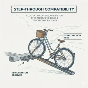 Illustration of a step-through bicycle secured on a hitch bike rack with ramp for women.
