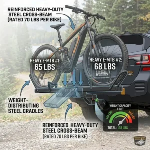 Illustration showing the maximum weight capacity supported by the hitch bike rack with ramp steel frame.