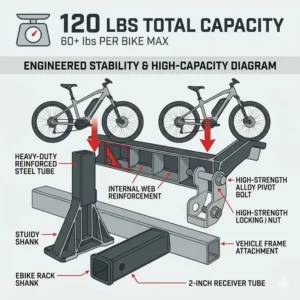 Diagram highlighting the reinforced steel construction and high weight capacity of an ebike hitch rack with ramp.