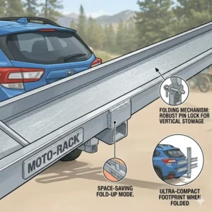 The space-saving folding design of the aluminum hitch bike rack with ramp when not in use.