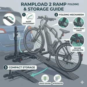 Demonstration of the compact folding mechanism of a hitch bike rack with ramp for back injury patients.