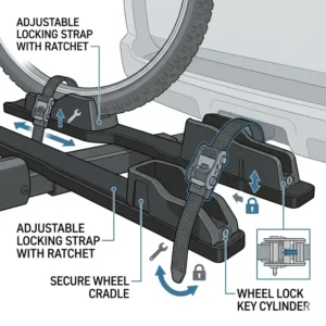 An illustration highlighting the adjustable wheel cradles and straps of the hitch bike rack with ramp locking system.