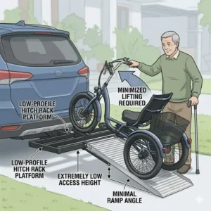 Low-profile design of a hitch bike rack with ramp for disabled riders to minimize lifting.