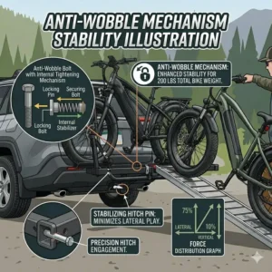 Close-up illustration of the anti-wobble system on a hitch bike rack with ramp 200 lbs capacity for maximum stability.