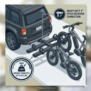 An illustration showing the correct installation of the hitch bike rack with ramp high weight limit on a standard 2-inch SUV receiver.