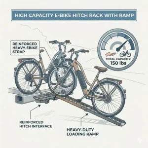 Technical drawing highlighting the heavy-duty capacity of this hitch bike rack with ramp for women.