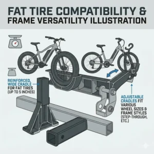 Illustration of oversized tire cradles on a hitch rack designed to accommodate fat tire electric bikes and various wheel sizes.