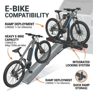An illustration showing a heavy electric bike being wheeled up the ramp onto the hitch bike rack with ramp locking system.