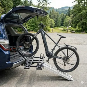 5: Functionality of a hitch bike rack with ramp easy loading shown by tilting the carrier for trunk access.