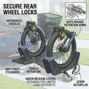 Secure wheel-locking system on a hitch bike rack with ramp for disabled cyclists.