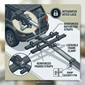 A close-up diagram highlighting the key safety pins and locking straps that secure bikes on the hitch bike rack with ramp high weight limit.