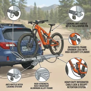 Integrated anti-rattle locking system and security cables on the aluminum hitch bike rack with ramp.