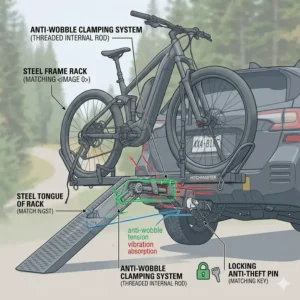 Detailed view of the anti-wobble mechanism integrated into the hitch bike rack with ramp steel frame.