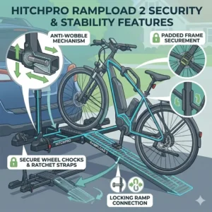 Close-up of the anti-wobble system on a hitch bike rack with ramp for back injury safety and stability.