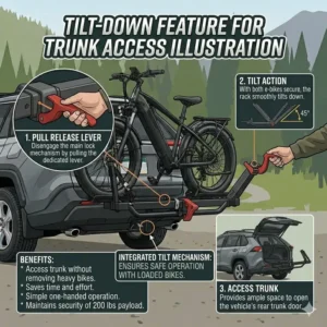 Illustration showing the tilt-down mechanism of the hitch bike rack with ramp 200 lbs capacity to allow rear cargo access.