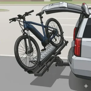 Demonstrating the rear trunk access by tilting the hitch bike rack with ramp anti wobble away from the vehicle.