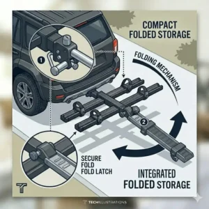 An illustration demonstrating how the hitch bike rack with ramp high weight limit folds into a compact vertical position when not in use.