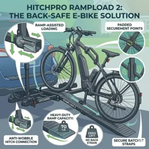 High-capacity design for heavy e-bikes featured on this hitch bike rack with ramp for back injury relief.
